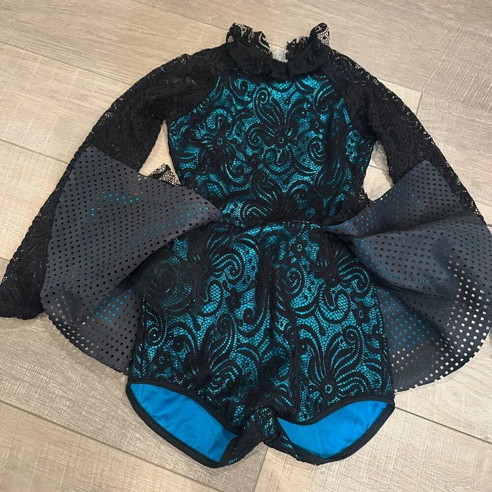 CURTAIN CALL BLUE AND BLACK BIKETARD JAZZ COSTUME DANCE CHILD LARGE